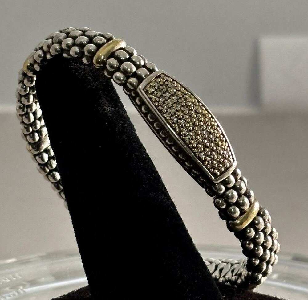 Vintage Lagos Caviar Pave Diamond Sterling 18k Gold 9mm BRACELET 44.1g